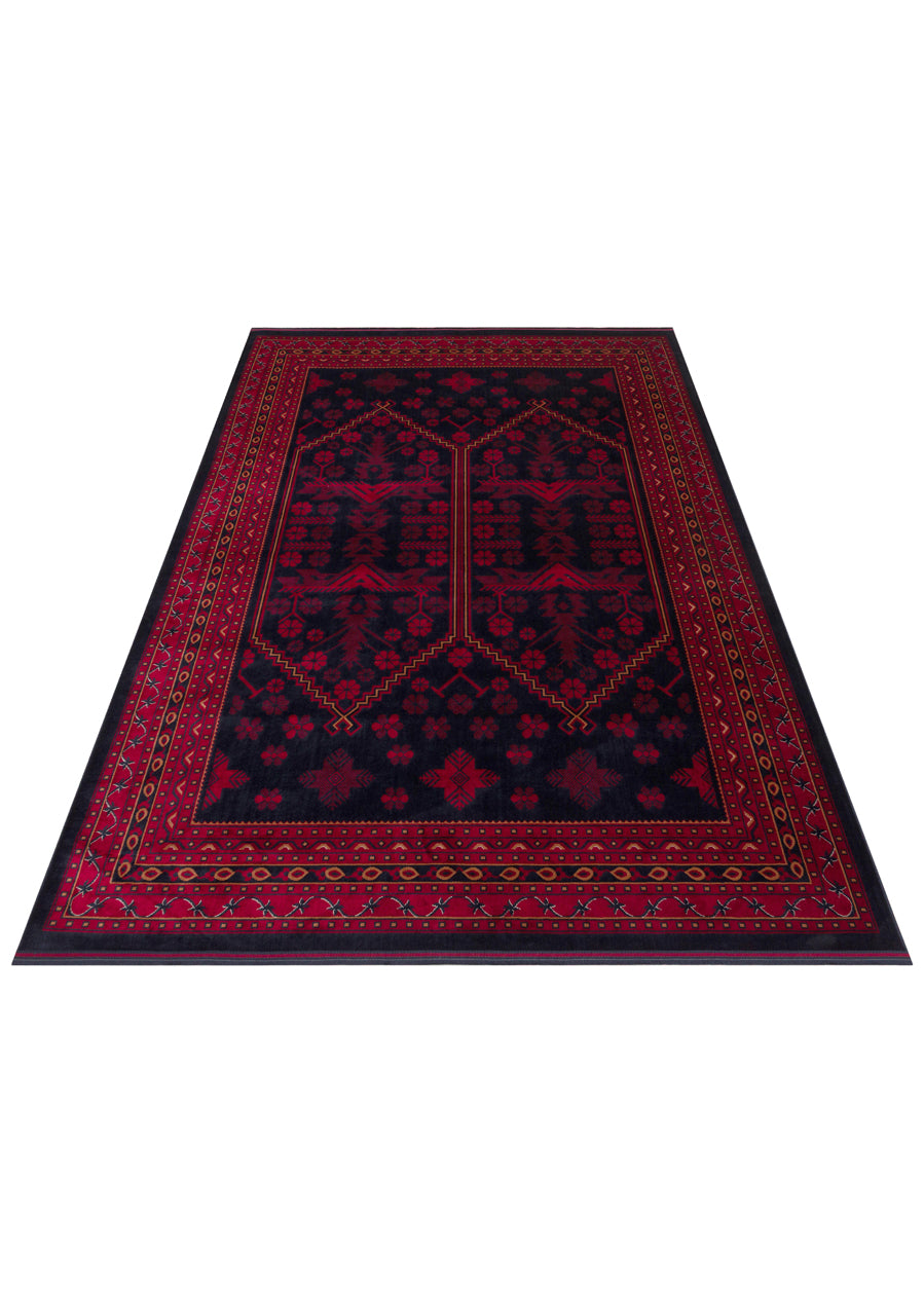Herat Her 01 Navy - Nostaljik Afgan Desenli İnce Viskon Makine Halısı Kaymaz Tabanlı Sık Dokuma