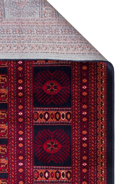 Herat Her 03 Navy - Nostaljik Afgan Desenli İnce Viskon Makine Halısı Kaymaz Tabanlı Sık Dokuma