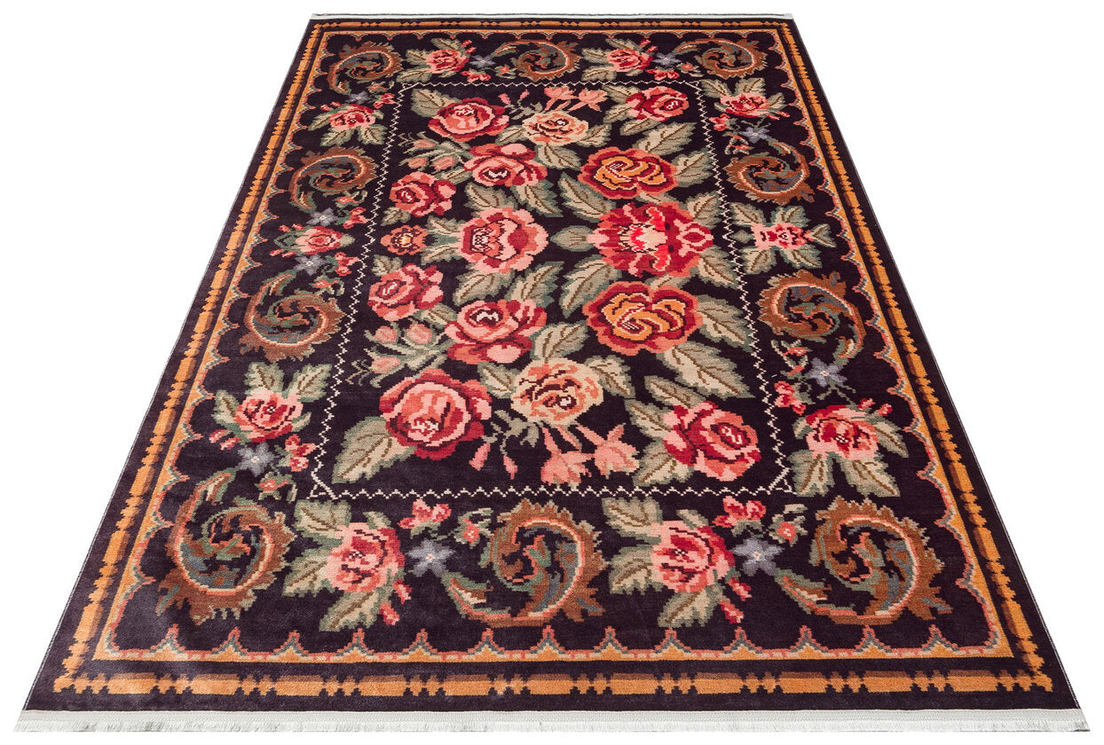 Antıque ATK 02 Siyah - Yıkanabilir Kaymaz Antik Desenli Otantik Kilim