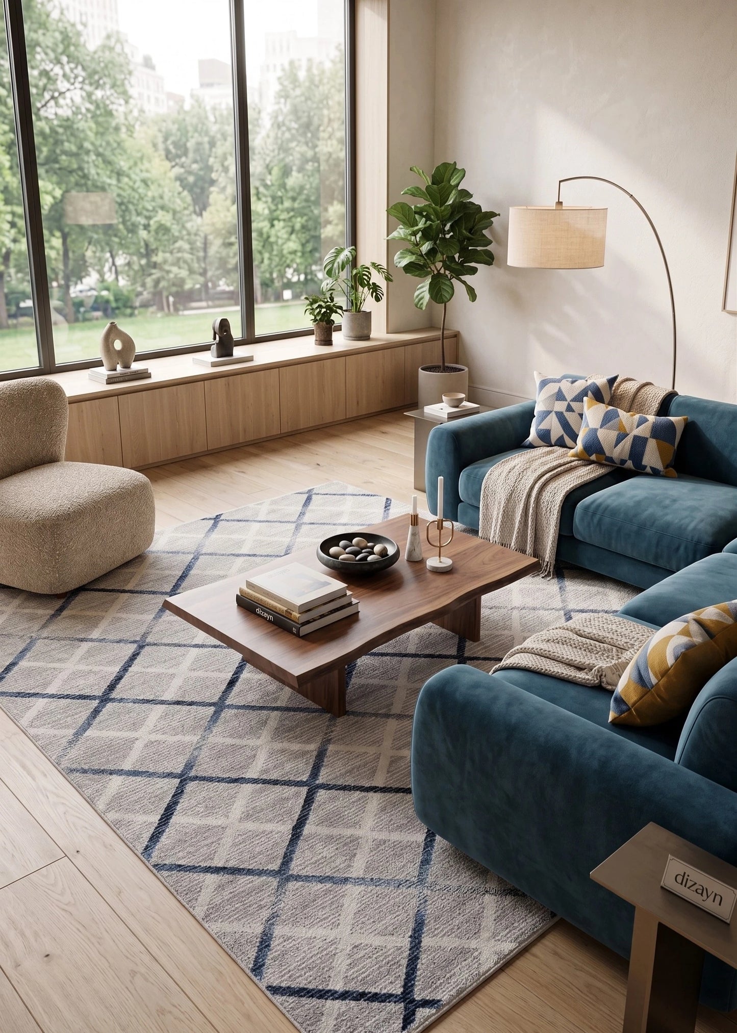 Moda 1097 Mavi Minimal ve Modern Tasarımlı Oturma Odası Halısı