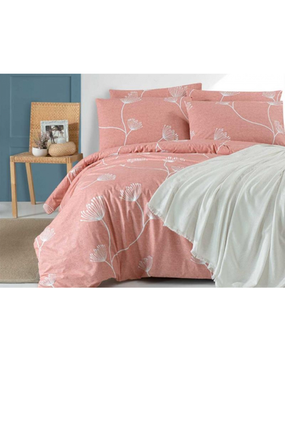 Bambu Home Silwes Çift Kişilik Nevresim Takımı ve Pike Seti %100 Pamuk Ranforce 200x220 Pudra Desenli 4 Parça