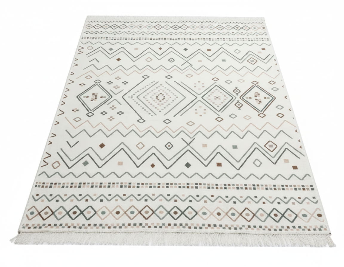 Arya AR 05 Bej Mavi - Yıkanabilir Çift Taraflı Modern Dokuma Kilim