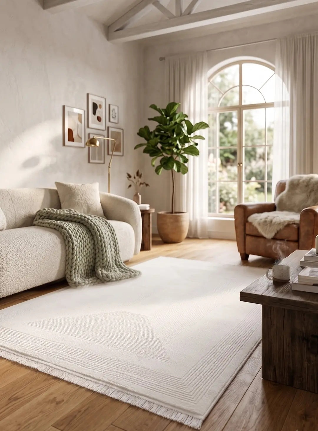 Koza Lara A0335A Krem Modern Yumuşak Dokulu Minimalist Parlak Viskon Salon ve Oturma Odası Halısı