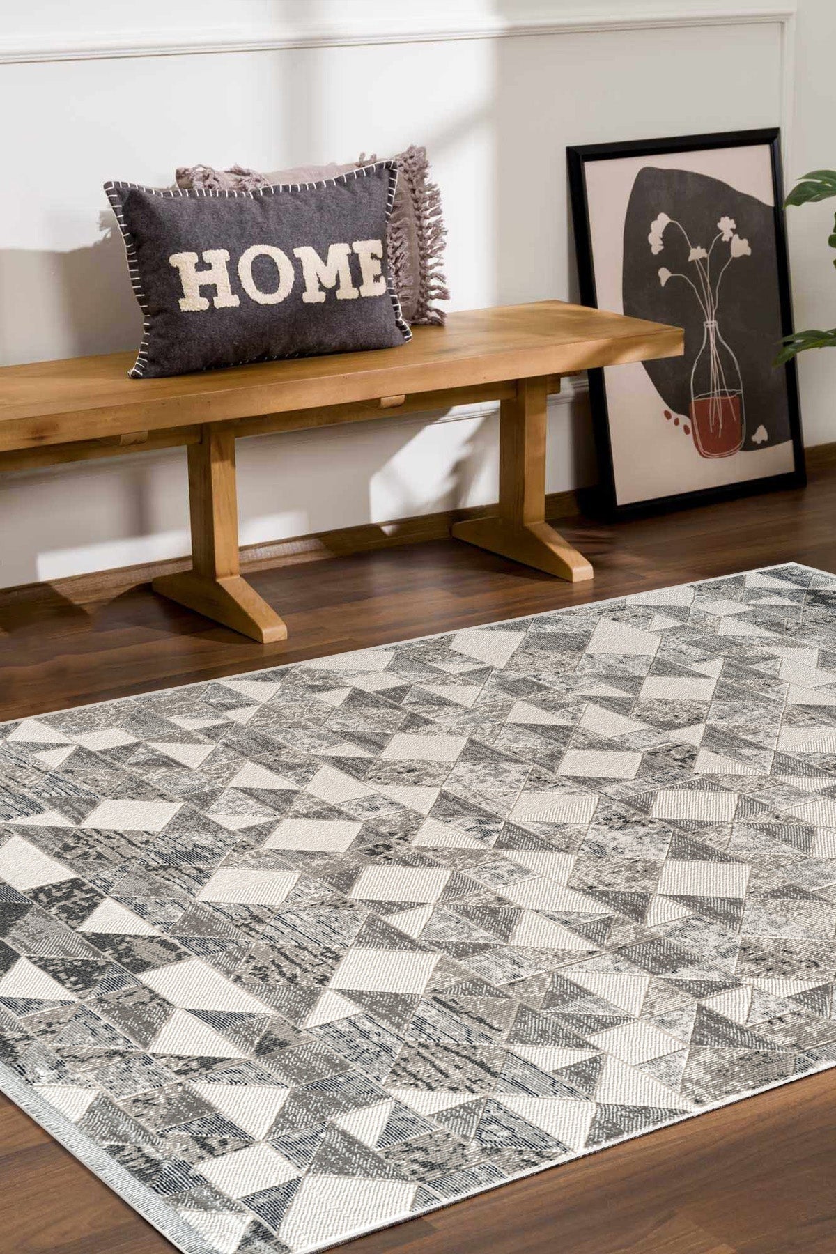 Estefan Loni EU07A Bej Gri Modern Geometik Desenli Halı