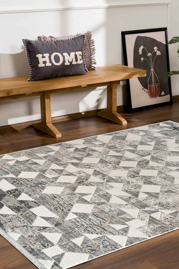 Estefan Loni EU07A Bej Gri Modern Geometik Desenli Halı