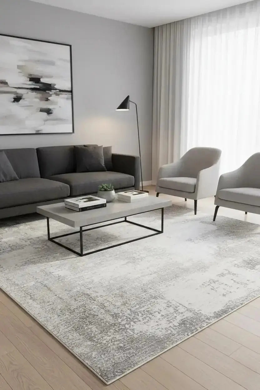 KOZA OASIS A0682B Gri Otantik Çerçeveli Modern Salon Halısı – Yumuşak Dokulu, Parlak Tuşeli, Robot Süpürge Uyumlu