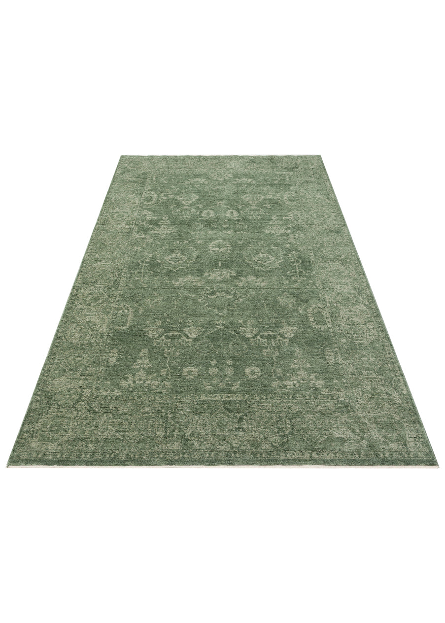 Shiraz SHR 02 Yeşil - Vintage Eskitme Desenli Yumuşak Dokulu Modern Makine Halısı