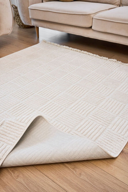 Anemon 6821 Beyaz - Polyester Dokuma Halı | İskandinav Salon Halısı