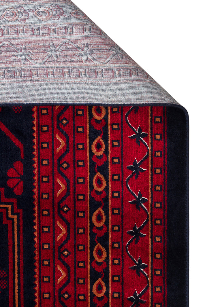 Herat Her 01 Navy - Nostaljik Afgan Desenli İnce Viskon Makine Halısı Kaymaz Tabanlı Sık Dokuma