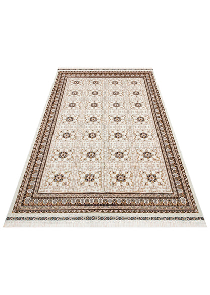 Sateen Afghan SFG 03 Bej - Yıkanabilir Afgan Desenli Hav Toz Vermeyen Kaymaz Tabanlı Sık Dokuma Halı 