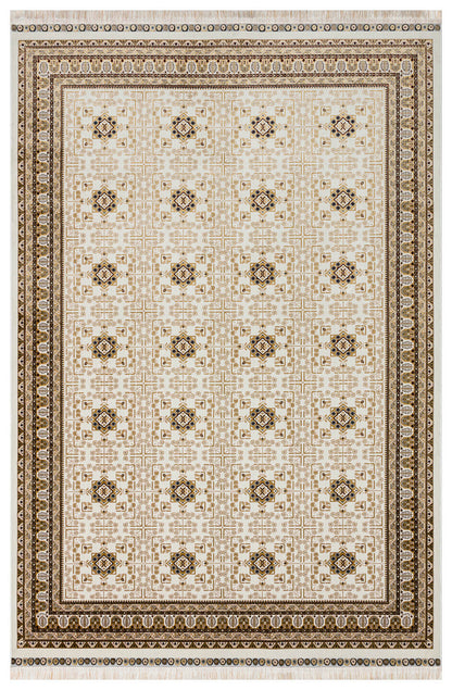 Sateen Afghan SFG 03 Bej - Yıkanabilir Afgan Desenli Hav Toz Vermeyen Kaymaz Tabanlı Sık Dokuma Halı 