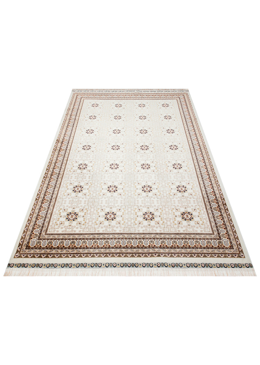 Sateen Afghan SFG 03 Bej - Yıkanabilir Afgan Desenli Hav Toz Vermeyen Kaymaz Tabanlı Sık Dokuma Halı 