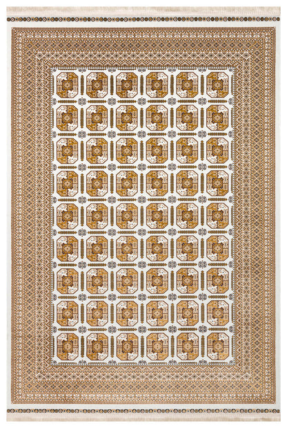 Sateen Afghan SFG 02 Bej Yıkanabilir Afgan Desenli Hav Toz Vermeyen Kaymaz Tabanlı Sık Dokuma Halı 