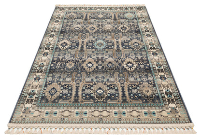 PR 07 BLUE  - PETRA - Hav Toz Vermez Etnik ve Modern Desenli Renkli Saçaklı Halı 