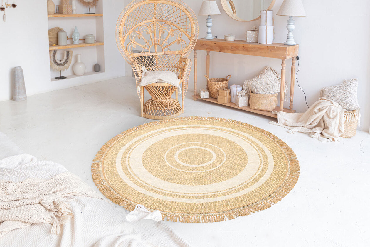 BRK 09 IVORY OV  - BROOKLYN - Hasır Görünümlü Kaymaz Renkli Dokuma Modern Kilim